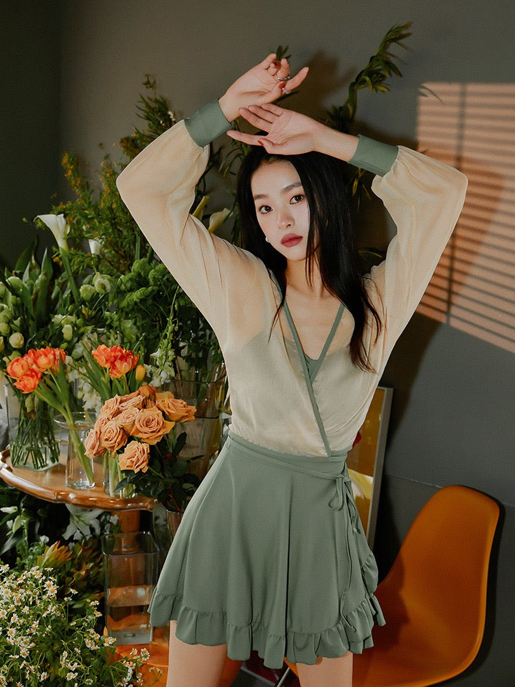 Yimeishan One-Piece Swimsuit Women Slim Thin Cover Belly Conservative Dress Long Sleeves 2022 New Hot Spring Swimsuit