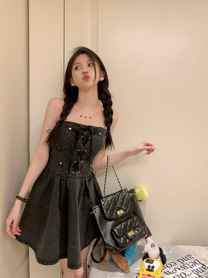 Spice girl retro old tube top dress summer new design strap waist denim skirt chic tide