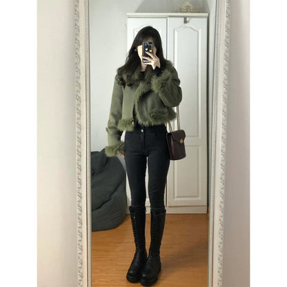 Small fragrant wind fur integrated suede short lamb wool coat women's autumn and winter thickened motorcycle jacket tops