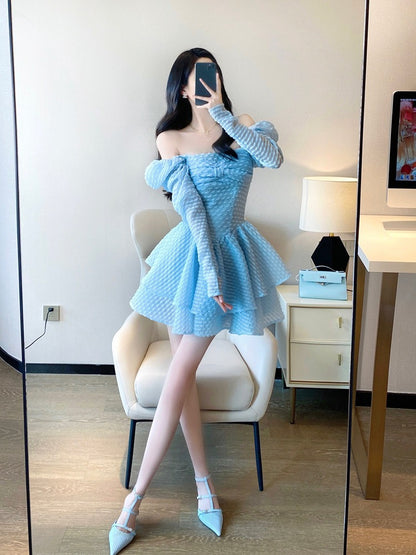 Princess tutu skirt spring women's 2023 new French square collar puff sleeves sweet a-line cake skirt dress2018