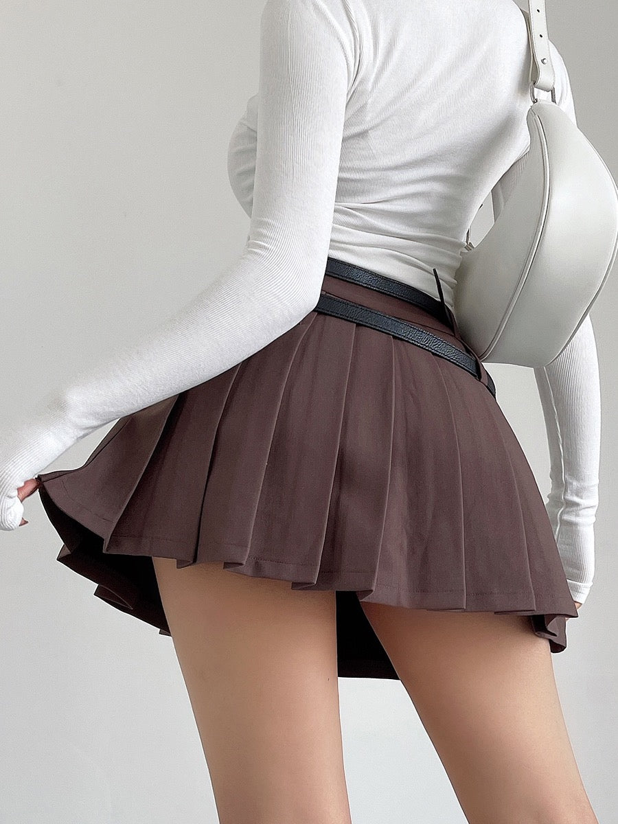liviahome double belt pleated skirt skirt women's college sweet and spicy style black high waist slim A-line skirt