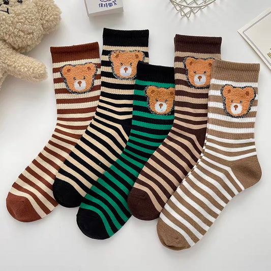 Bear striped socks women's autumn and winter medium tube socks Korean version Japanese cute ins tide net infrared wear cotton stockings