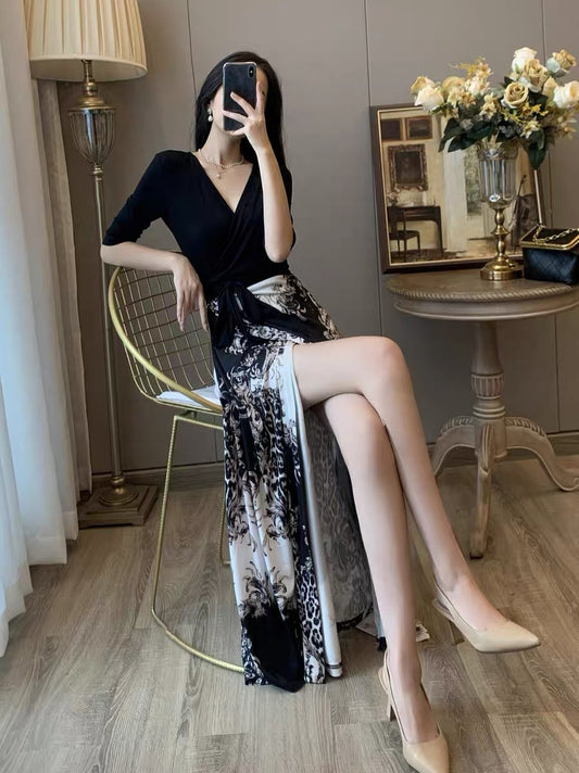 Early spring new French style waist-length slim-fitting slim-cut V-neck floral wrap skirt black temperament long skirt dress
