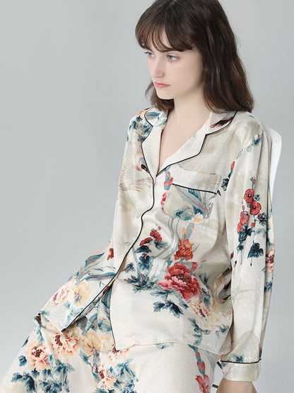 IIZZINI original women's pajamas spring and autumn long-sleeved ice silk national style ink printing luxury silk home service suit