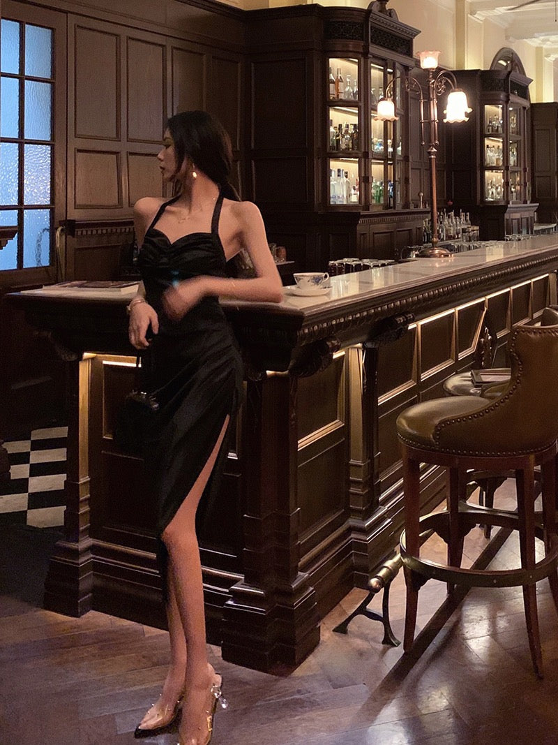 Sexy Halter Neck Dress Summer Backless Dress Skirt Women's French Retro Temperament Split Sling Long Dress Little Black Dress