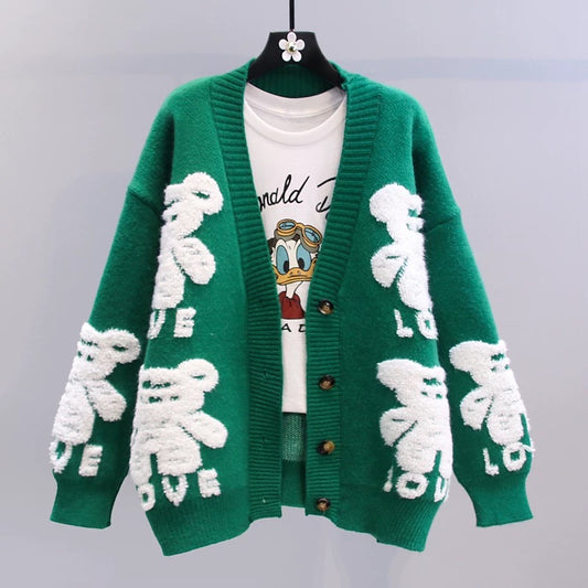 Cartoon bear sweater coat women's autumn and winter 2022 new loose and lazy style fashionable Western style V-neck knitted cardigan