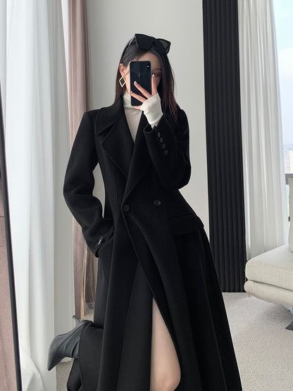 FT GUOGE black double-sided wool coat women's 2022 autumn and winter new high-end waist Hepburn style wool coat
