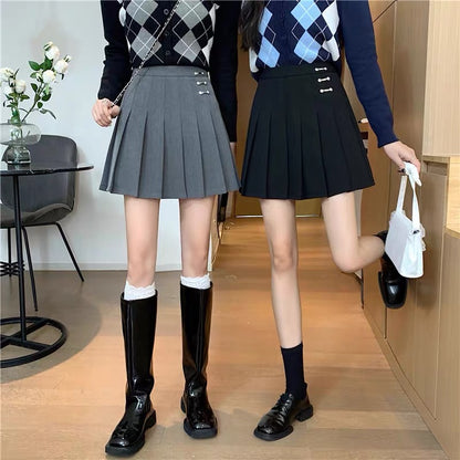 Autumn skirt large size college style black gray pleated skirt high waist slim pleated a-line skirt fat mm all-match skirt