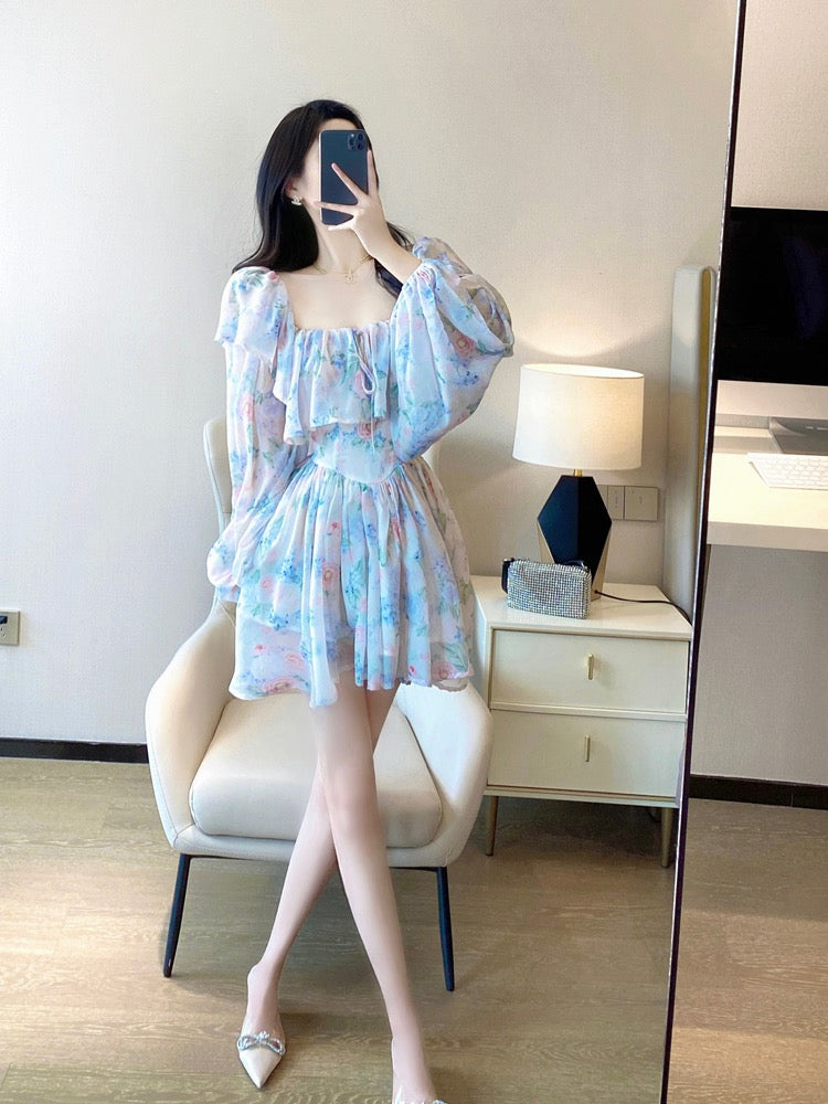 French Floral Dress 2023 Spring New Women's Wear Temperament Ladies Waist Slim Retro Square Neck Chiffon Skirt 2016