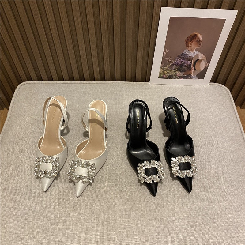 Baotou sandals women's 2022 summer new silk and satin material fairy style pointed toe back empty French high heels women's stiletto