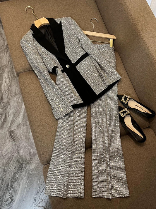 Quality European station cross-border hot-selling star temperament sequins small plaid color matching suit trousers suit two-piece set 6