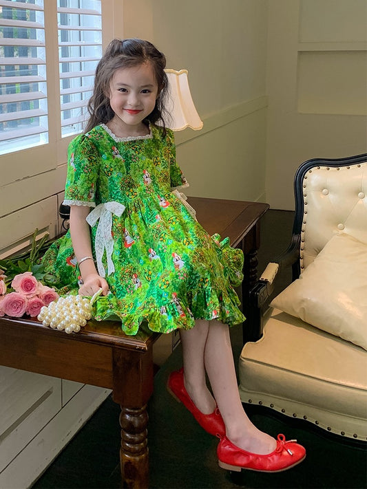 Original girls pastoral style floral dress 2023 new lace ruffles little girl children's princess skirt