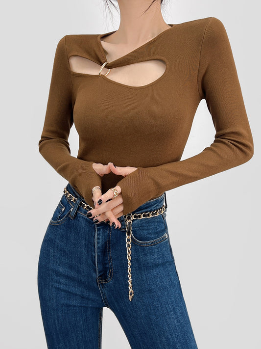 d/z shop asymmetrical hollow metal buckle knitted sweater women's autumn chic slim fit and thin inner bottoming top