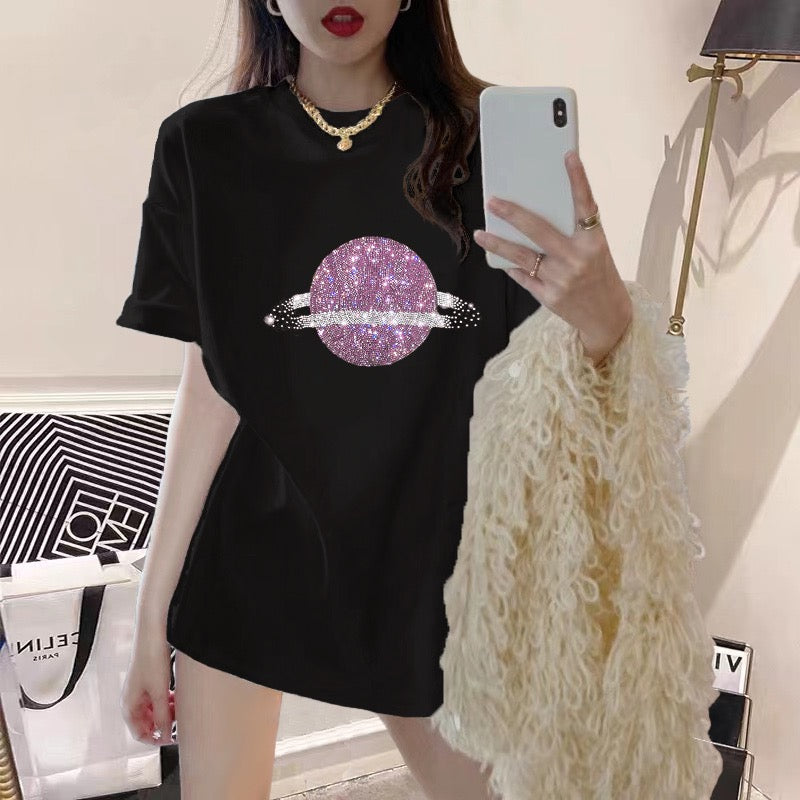 2023 new summer dress black t-shirt women hot diamond big love loose pure mid-length round neck short-sleeved top ins tide