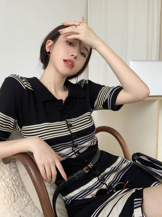 Black striped polo collar short-sleeved dress women's summer 2022 new Korean style knitted waist mid-length skirt 1178