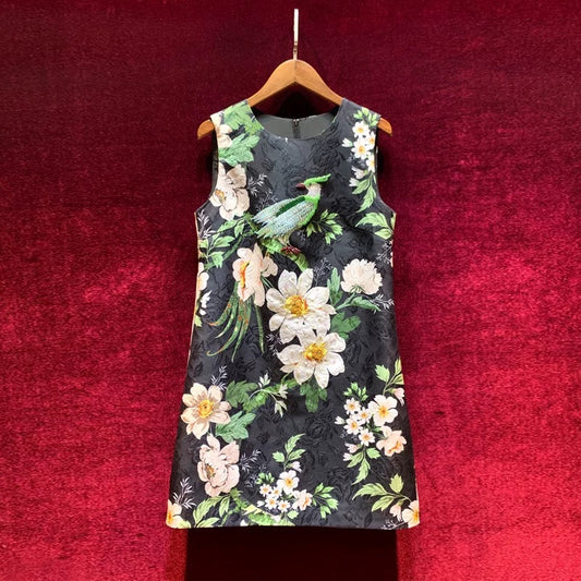 Hepburn retro skirt 2022 summer new floral print French heavy industry beaded slim sleeveless dress
