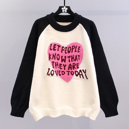 Color matching love letter sweater women's autumn and winter 2023 new Korean version loose lazy style fashion western style knitted top