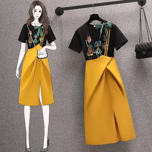 2022 summer new plus size fat sister fashion age-reducing T-shirt slimming suspender skirt suit