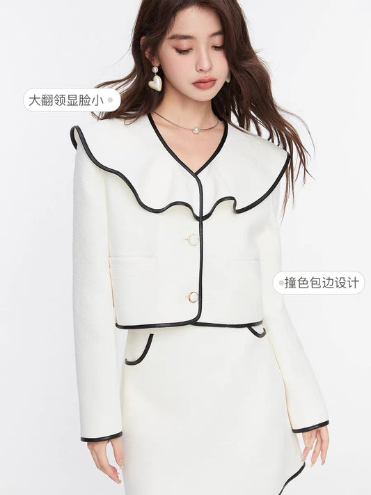 Fantu fashion contrast color edging loose jacket women's 2022 autumn new commuter all-match big lotus leaf collar top