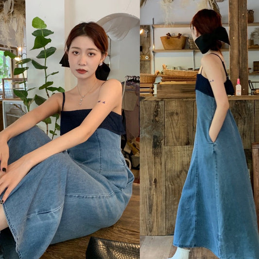 High-end temperament contrast color waist denim suspender dress women's summer new niche chic mid-length skirt