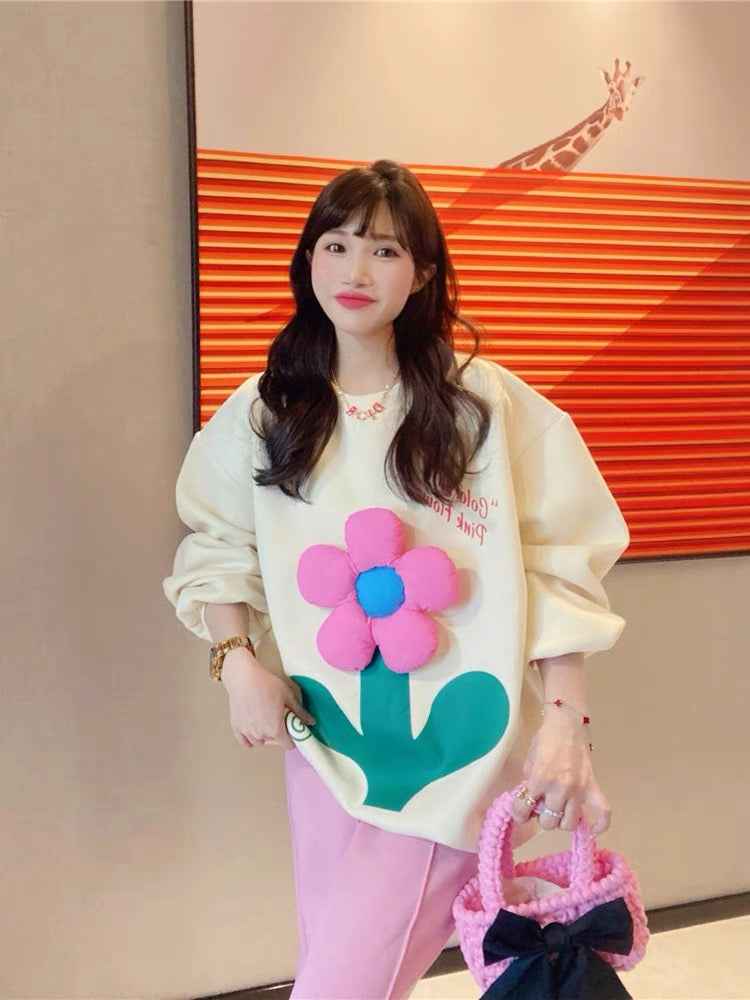 JENNIFER JXLIU Korea autumn and winter a pink three-dimensional flower ^ loose long-sleeved beige sweater women