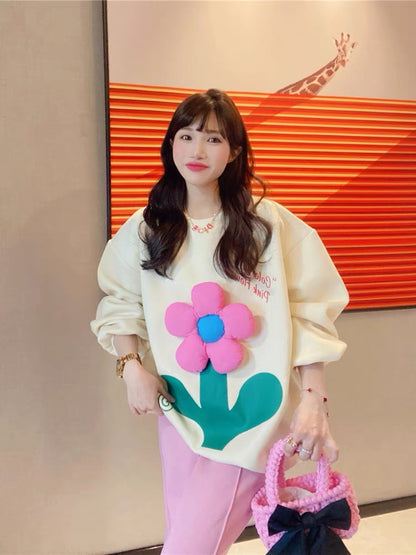 JENNIFER JXLIU Korea autumn and winter a pink three-dimensional flower ^ loose long-sleeved beige sweater women