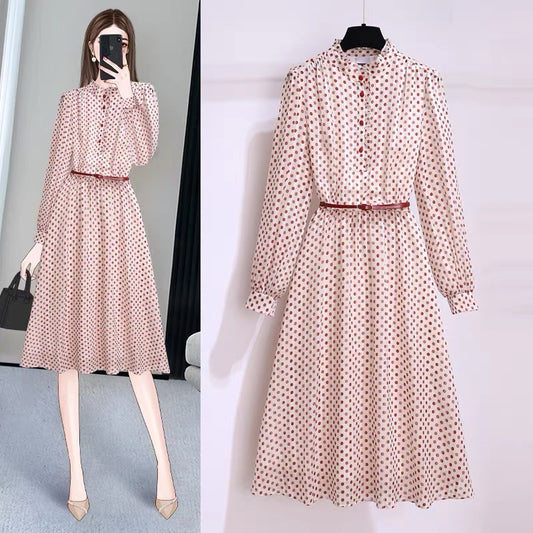 Red polka dot dress 2022 early autumn new long-sleeved high-end sense of cold wind French early autumn temperament goddess fan