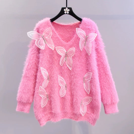 Diamond-studded three-dimensional butterfly V-neck mink fleece sweater women's autumn and winter 2022 new loose sweet soft waxy knitted top