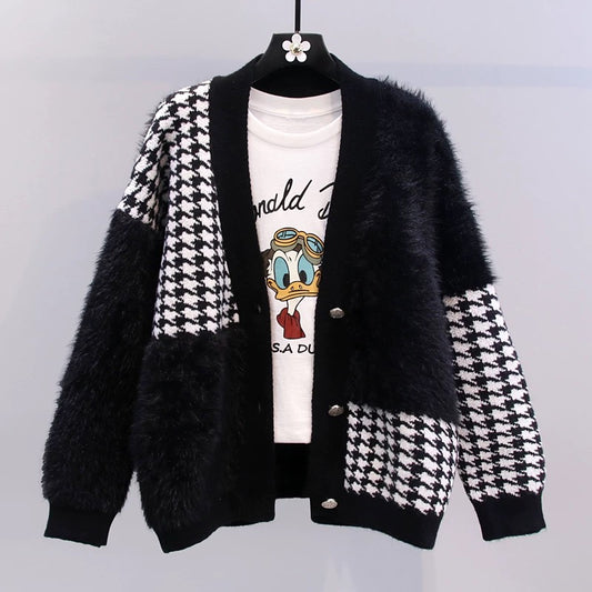 Small fragrance style mink fleece houndstooth sweater coat women's autumn and winter 2022 new loose and versatile Western style knitted cardigan