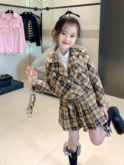 Original girls children's clothing autumn college style sub suit children's baby suit jacket pleated skirt two-piece set