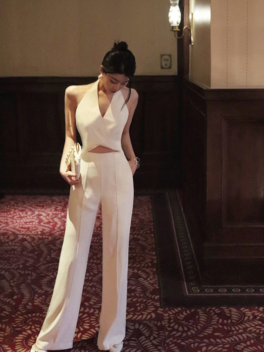 Thirteen and Little Halter Neck Jumpsuit Women's Summer New Temperament Sexy Off-the-shoulder White Open-Waist Wide-leg Trousers