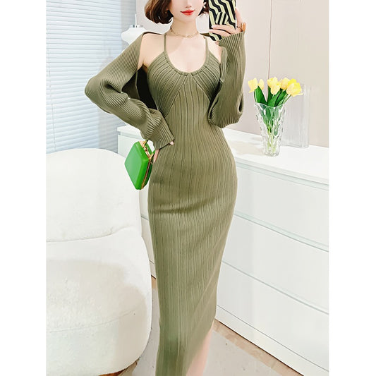 Feijie customized sexy halter neck knit dress 2022 autumn new women's shawl V-neck bag hip skirt two pieces