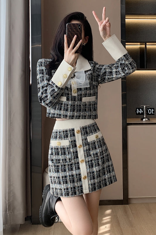 Small fragrance style women's suit light luxury high-end sense 2022 autumn and winter new small Hong Kong style suit skirt two-piece set