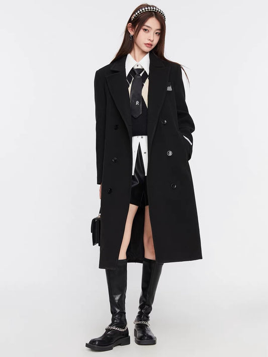 Fan rabbit woolen coat women's winter new 2022 mid-length black woolen coat Korean high-end windbreaker