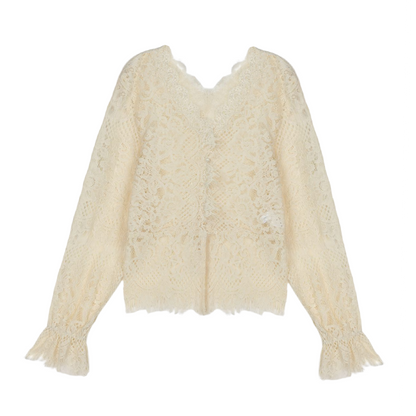 MUKOK French lace shirt women's 2023 spring new foreign style V-neck temperament slimming inner bottoming shirt