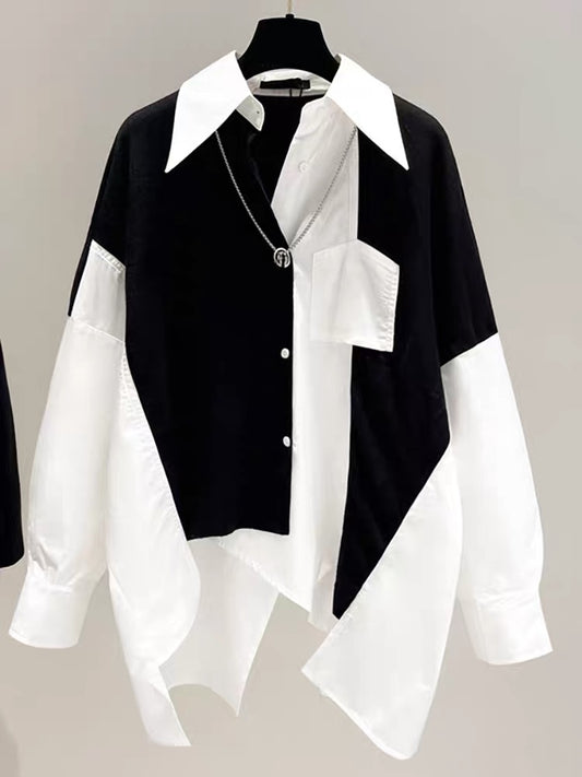Fake two-piece shirt 2022 autumn new design sense niche stitching shirt autumn loose long-sleeved top women's clothing