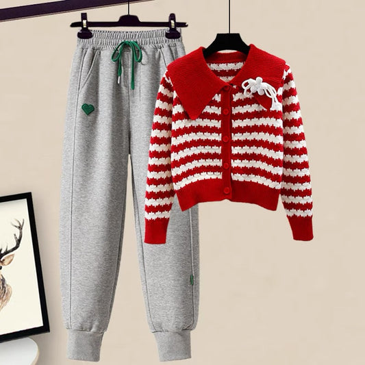 Small men's autumn tall women's suits autumn clothes with a whole set of sweet sweater jackets sports pants two-piece suit