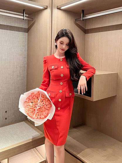 European station intellectual light mature temperament elegant red dress female autumn and winter commuting French shirt bag hip skirt