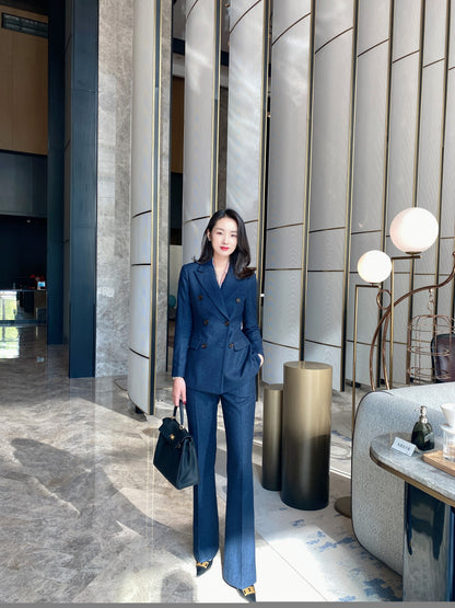 Autumn and winter thickened navy blue herringbone pattern suit jacket wool woolen warm commuting slim micro boot pants work wear women