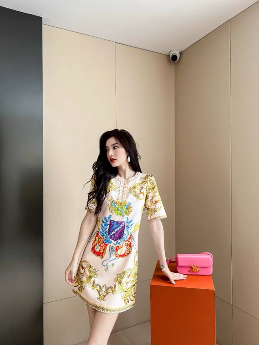 European station Hepburn style 2022 summer new high-end women's diamond-encrusted loose printing ladies temperament dress 1424