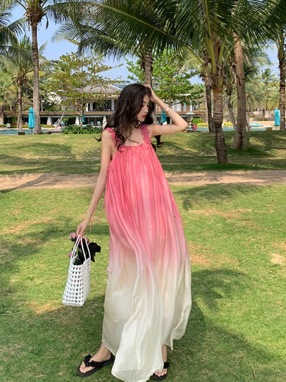 Yunnan Lijiang Travel Photo Beach Dress Sanya Vacation Suspender Dress Pink Gradient Chiffon Dress Super Fairy