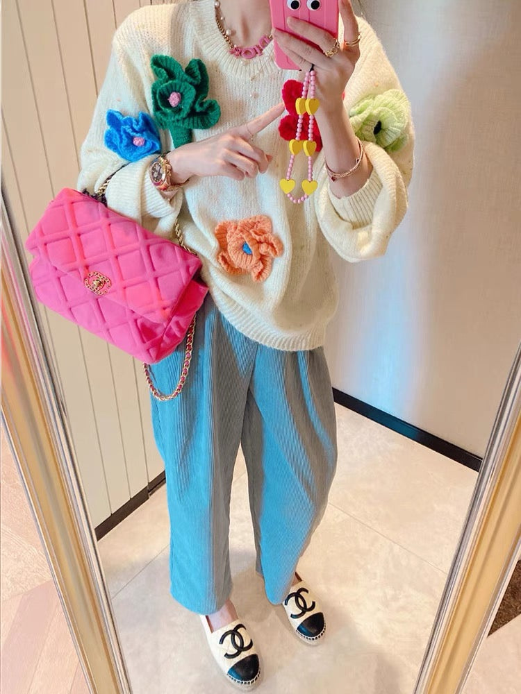 JENNIFER JXLIU Korean autumn and winter~retro color three-dimensional flowers and cream beige loose sweater