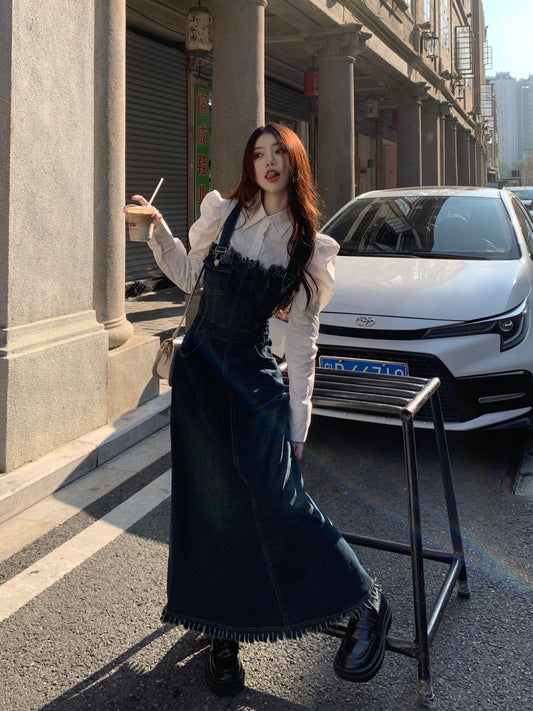 Retro strap denim dress women's spring 2023 new a-line tassel high-quality mid-length skirt