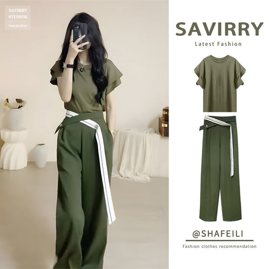 Summer new pear-shaped wear a whole set of large size, slightly fat, thin, covering meat, playful, lively and age-reducing two-piece suit for women