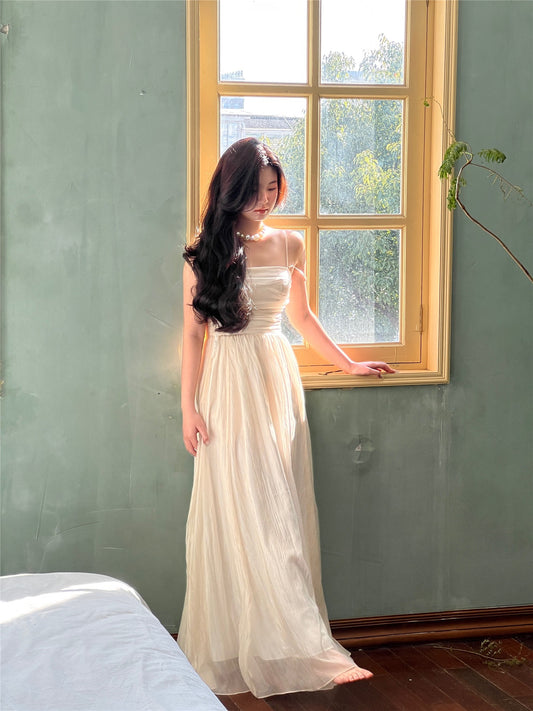 Laidan meow 2023 spring and summer new solid color pleated new Chinese style atmosphere elegant temperament waist waist suspender dress