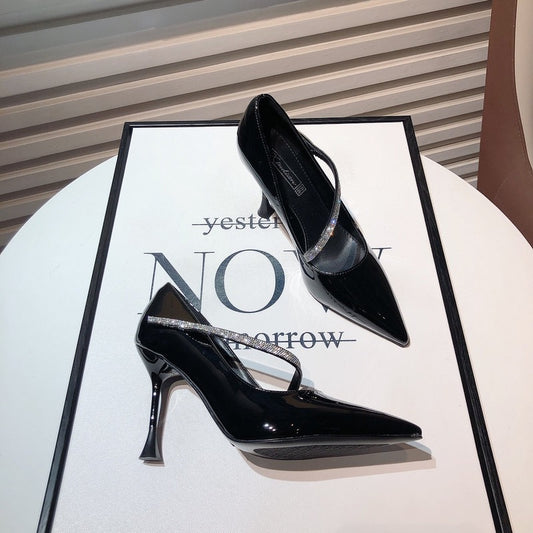Korean version of the new small fresh girl white patent leather high-heeled shoes rhinestone one word with pointed toe stiletto single shoes dress shoes