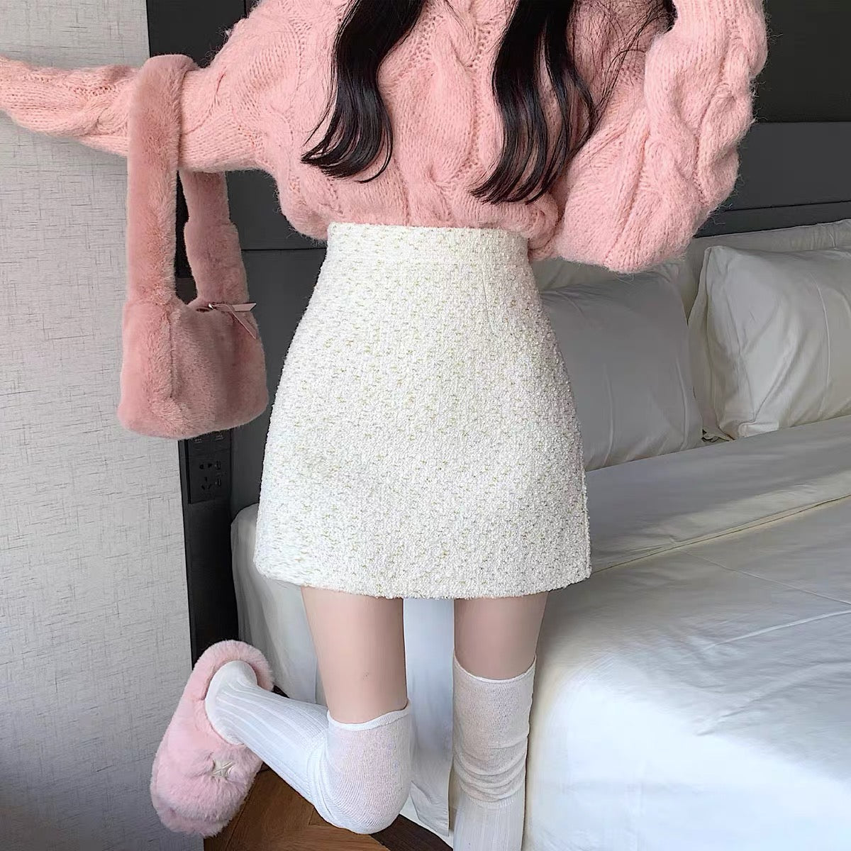 Autumn and winter with sweater skirt femininity celebrity small fragrance bag hip skirt small high waist a-line short skirt