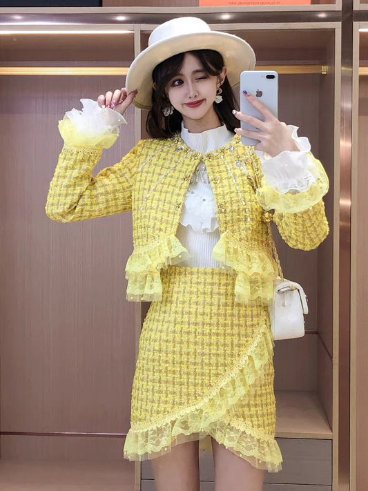 Autumn new suit sweet temperament beaded stitching lace plaid coat skirt fashion two-piece set