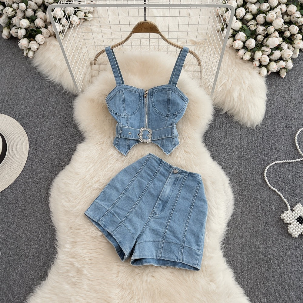 Fashion suit hot girl zipper denim camisole two-piece denim shorts high waist wide leg a-line hot pants
