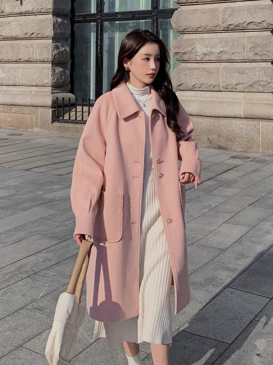 Pink Hepburn woolen coat female autumn and winter small man 2022 new Korean high-grade milk fufu woolen coat